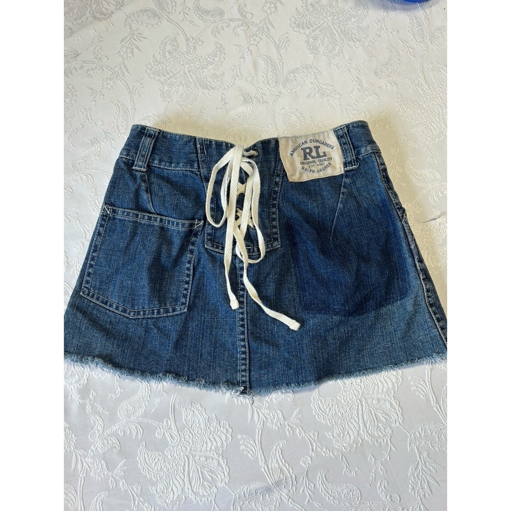 Vintage Polo Ralph Lauren Laced Denim Skirt Zip Button Closure Size 7